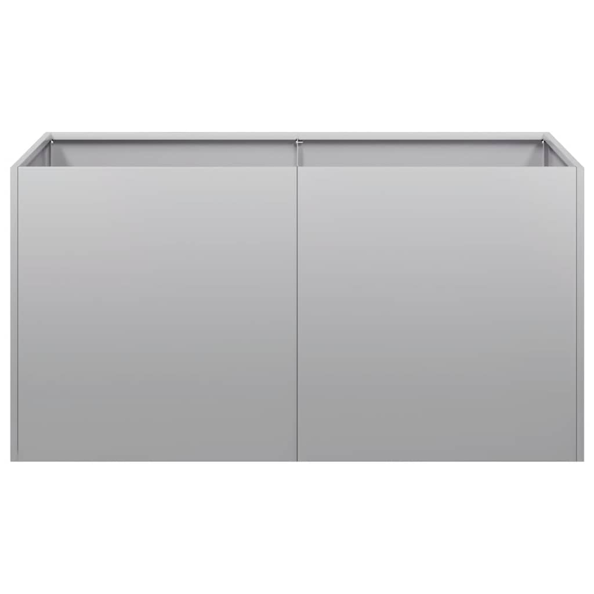 Un mobile grigio rettangolare con due ante. L'armadio ha la parte superiore aperta. Lo sfondo è bianco.