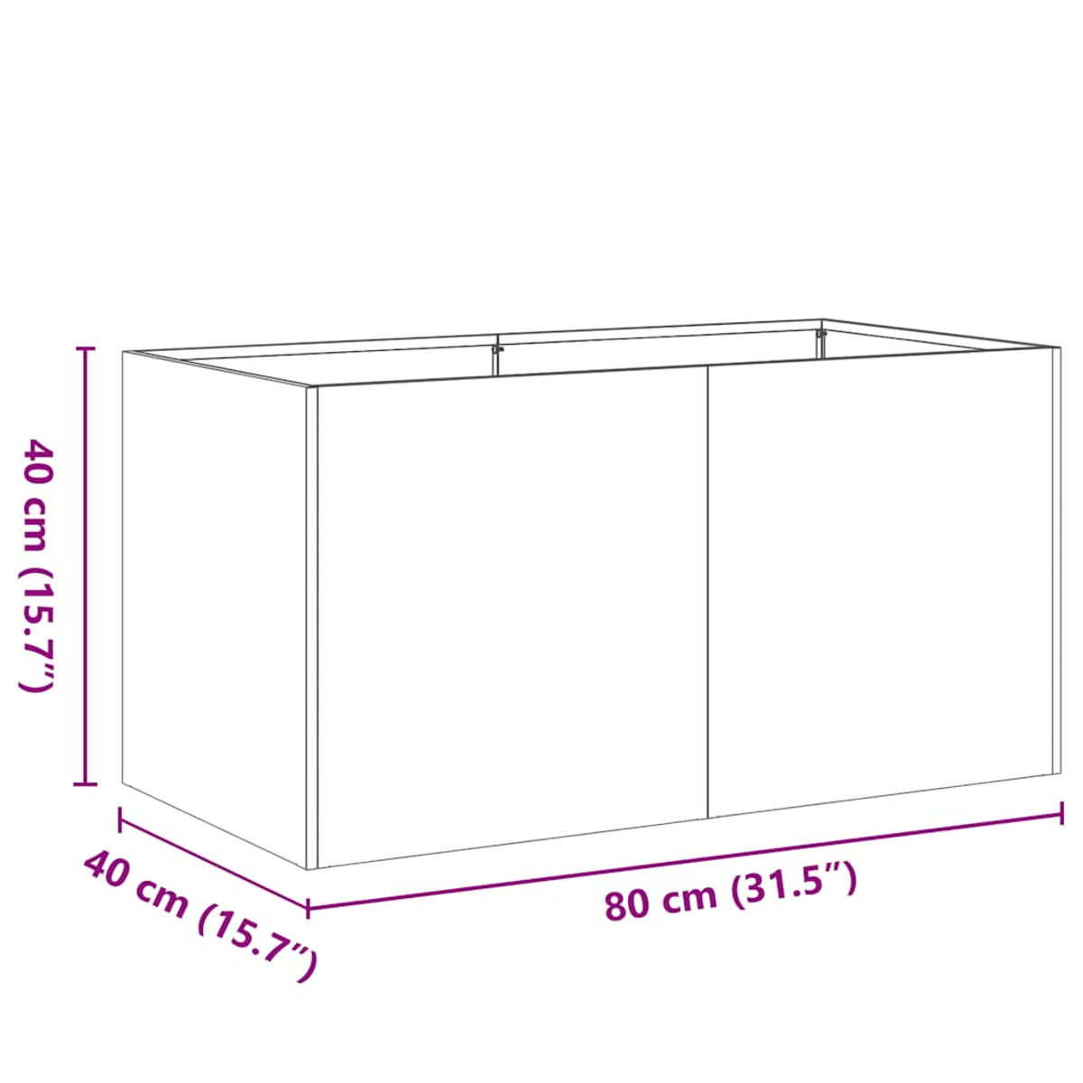 Un mobile rettangolare con dimensioni: 40 cm x 40 cm x 80 cm. Le misure sono anche in pollici.