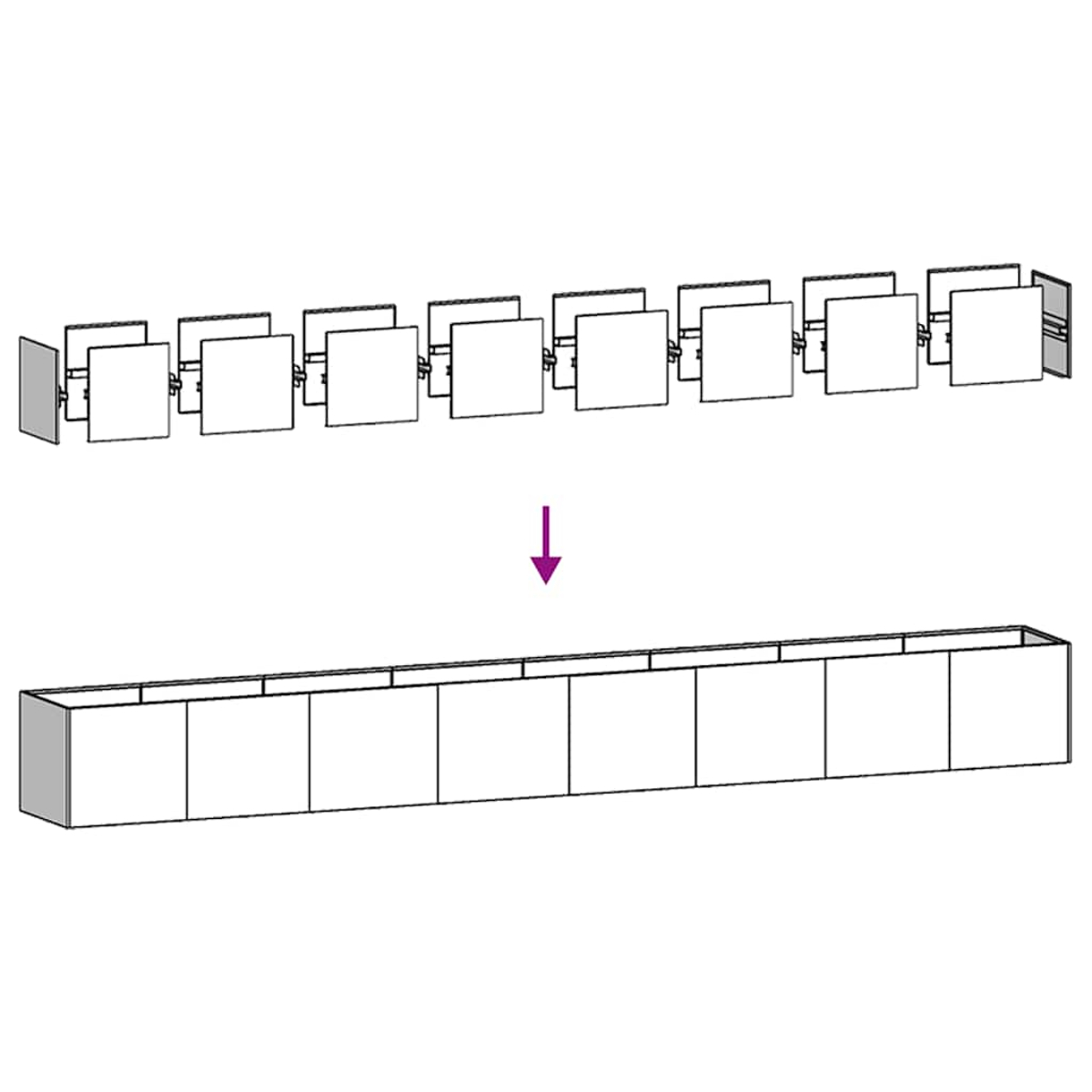 Un diagramma mostra una struttura rettangolare smontata sopra una versione riassemblata, indicata da una freccia viola verso il basso.