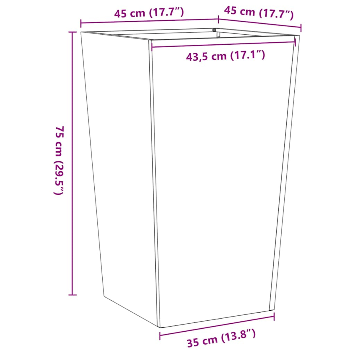 Una fioriera bianca con dimensioni in cm e pollici: 75 cm di altezza, superiore 45x45cm, base 35cm e superiore interno 43,5cm.