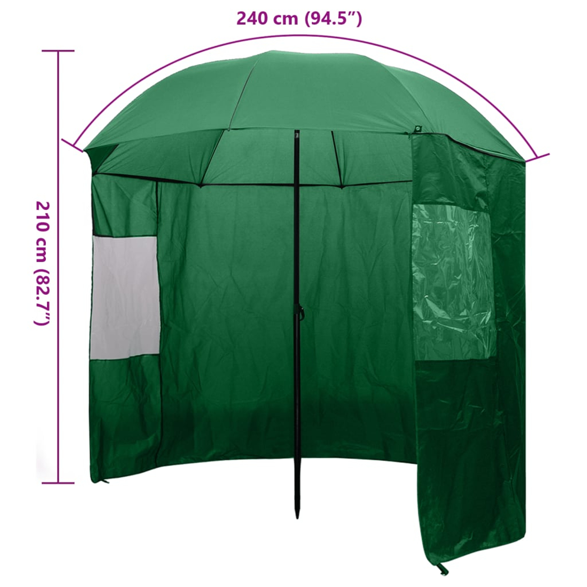 Ein grüner Outdoor-Unterstand mit gewölbtem Dach. Er hat ein Fenster und eine weiße Tafel. Abmessungen sind beschriftet: 240 cm (94,5") und 210 cm (82,7").