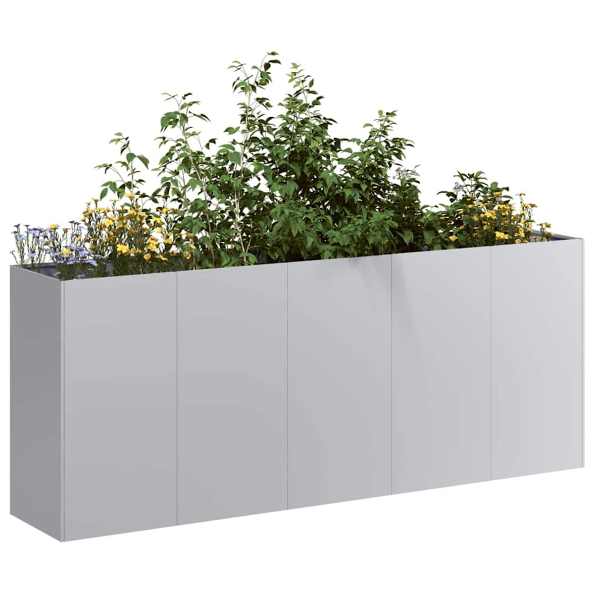 Eine rechteckige, graue Pflanzkasten mit grünen Pflanzen und gelben und blauen Blumen. Der Hintergrund ist weiß.