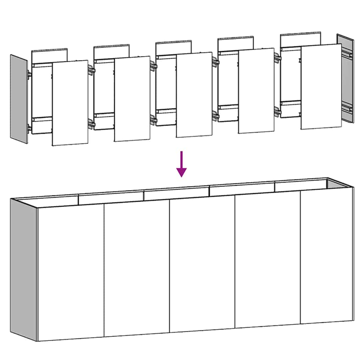 Diagramm zeigt Möbelmontage. Oben sind Paneele abgebildet. Unten ist der montierte Schrank mit sechs Türen zu sehen.
