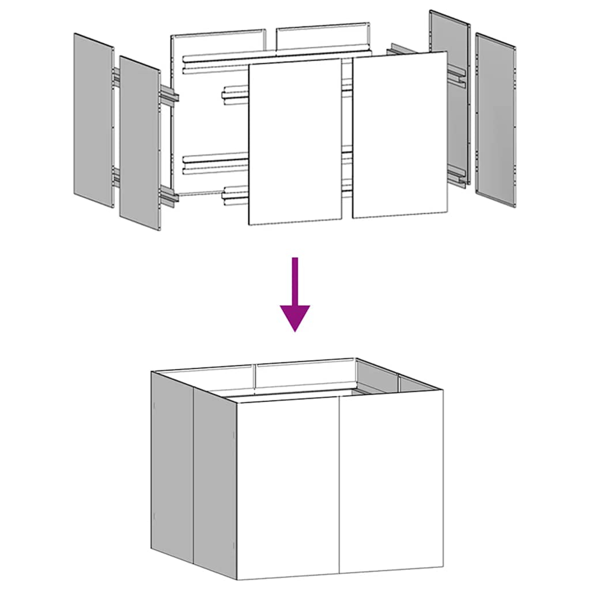 Diagramma che mostra l'assemblaggio di una struttura cubica. In alto pannelli separati, in basso cubo assemblato. Freccia viola indica l'assemblaggio.