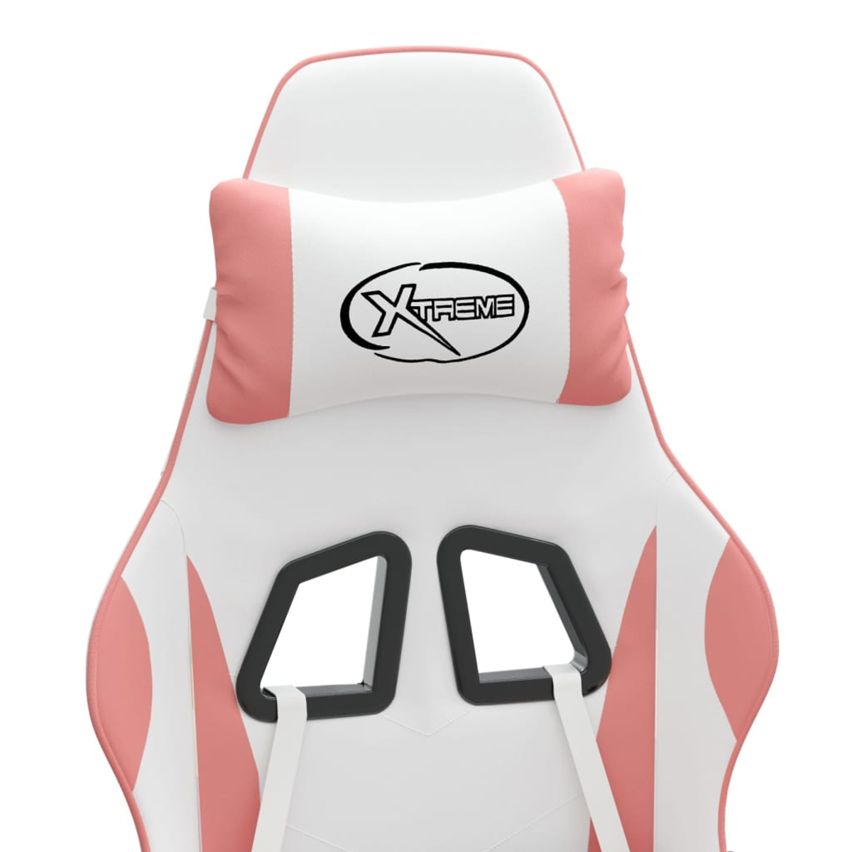 Ein weiß-rosa Gaming-Stuhl mit schwarzen Akzenten. Die Kopfstütze trägt das Wort 'Xtreme'. Der Stuhl hat ein modernes Design.
