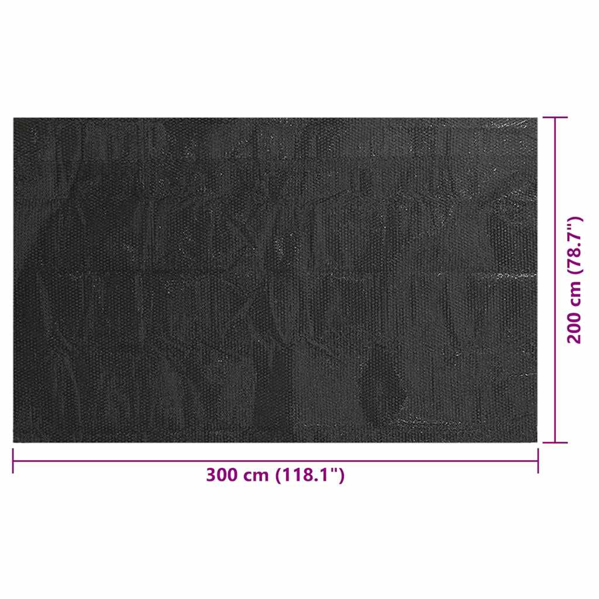 Eine rechteckige, schwarze Matte, 300 cm x 200 cm, mit Maßangaben. Die Oberfläche hat ein feines Muster.