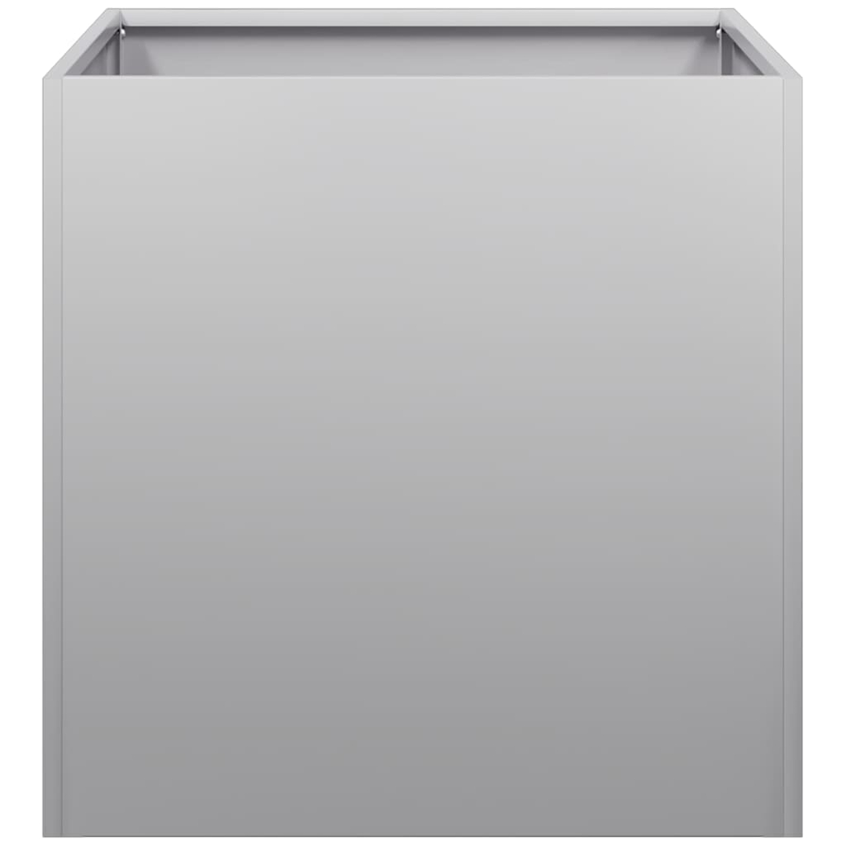 Un'aiuola quadrata grigio chiaro. La parte superiore ha una sottile cornice in metallo. I lati sono lisci e senza caratteristiche.