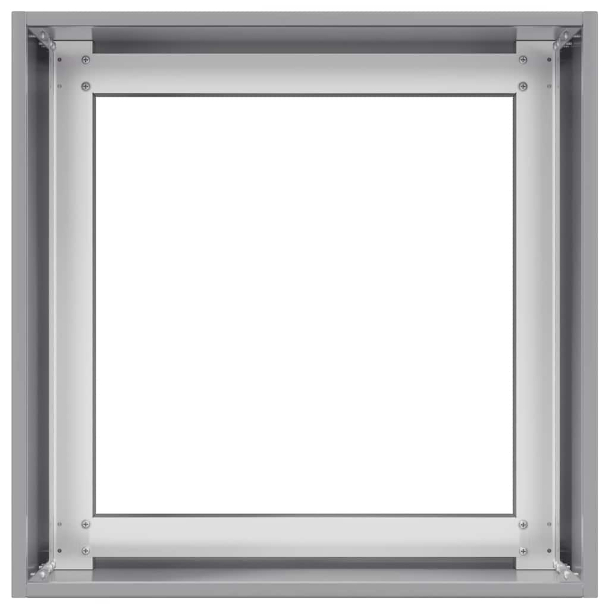 Un telaio quadrato in metallo con un grande quadrato bianco al centro. Il telaio è grigio con viti visibili agli angoli.