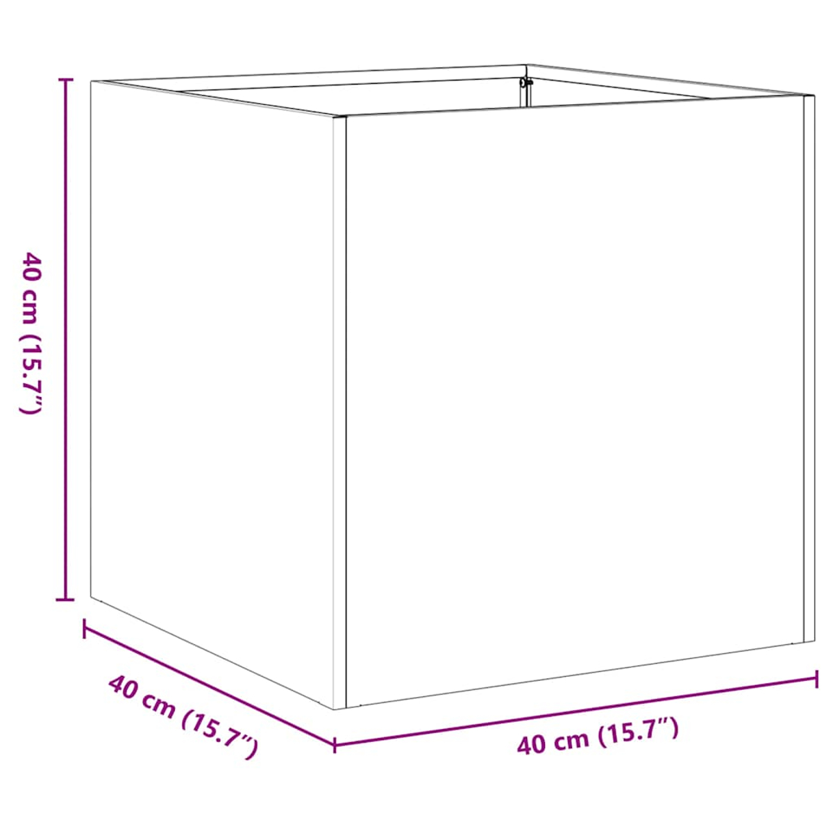 Un quadrato bianco con dimensioni di 40 cm (15,7 pollici) per lato, con linee di dimensione viola.