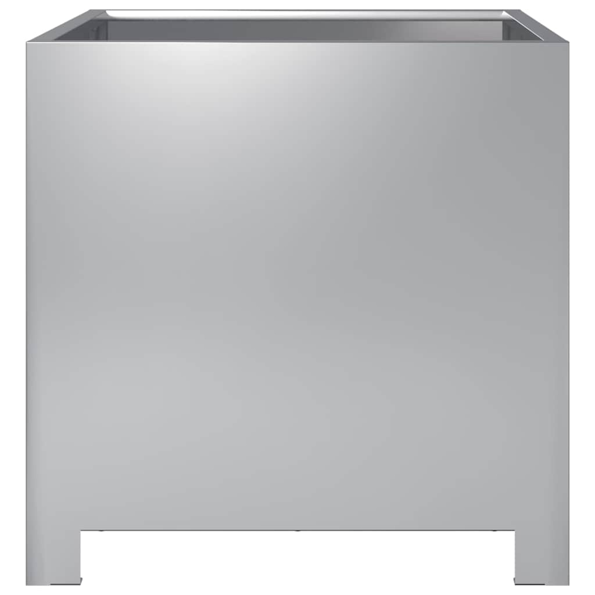Una fioriera rettangolare grigio metallizzato. Ha una forma squadrata con un bordo superiore leggermente rientrante. Base con due gambe corte.