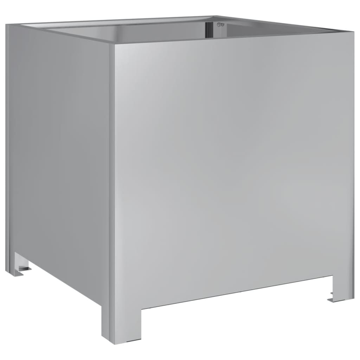 Un mobile grigio rettangolare con parte superiore aperta e quattro gambe. È in metallo e ha un design minimalista.