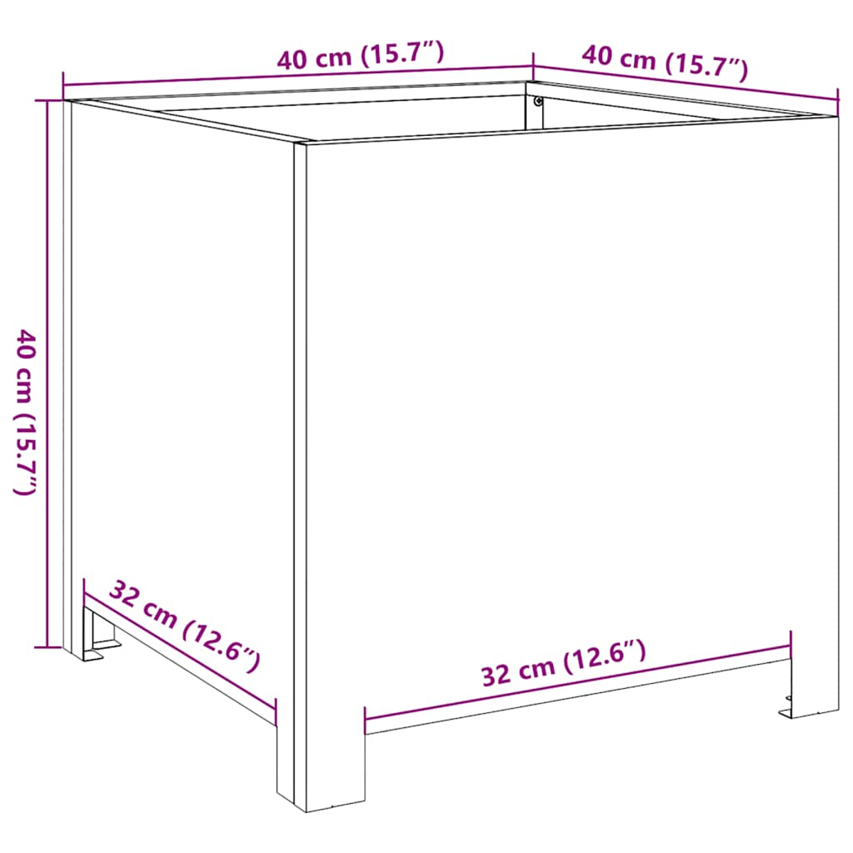Un mobile bianco con dimensioni etichettate. La parte superiore e laterale sono 40 cm. Il fondo è 32 cm. La profondità è di 40 cm. L'altezza è di 40 cm.