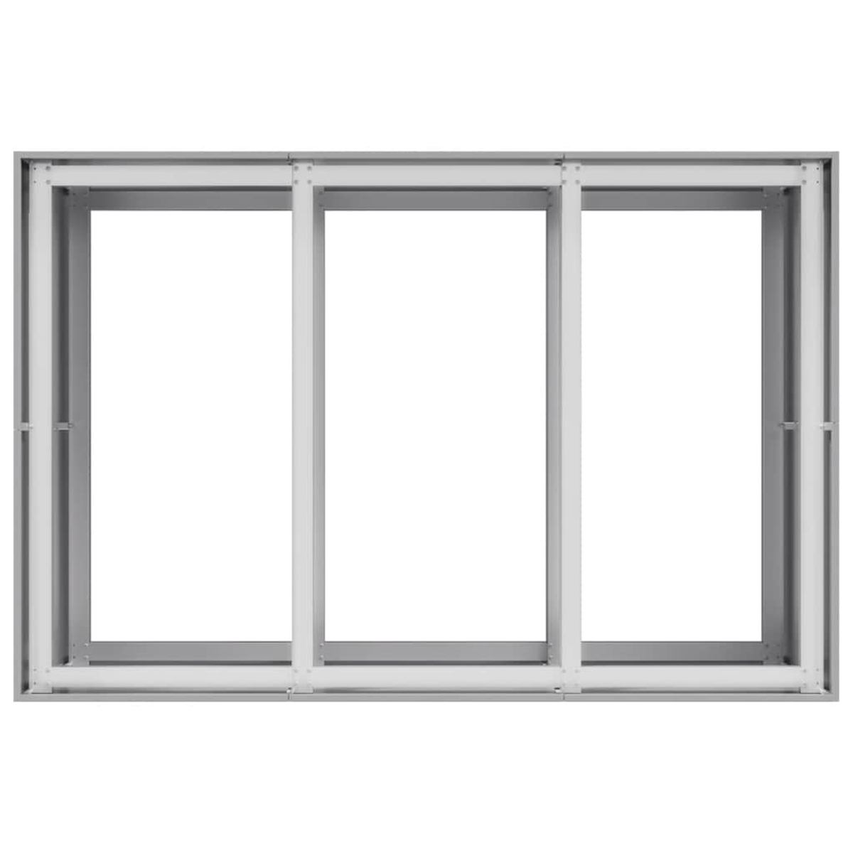 Un telaio di finestra rettangolare con tre aperture di uguali dimensioni. Il telaio è grigio chiaro e le aperture sono bianche.