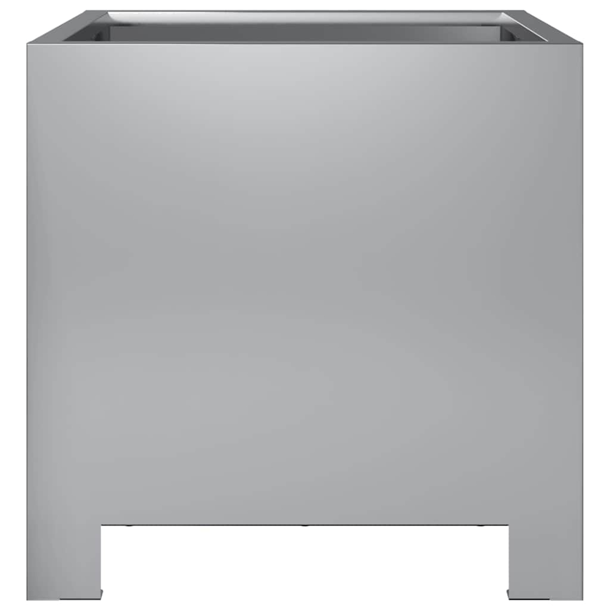 Un vaso quadrato grigio con la parte superiore incassata. Ha due gambe corte sul davanti e un design minimalista.