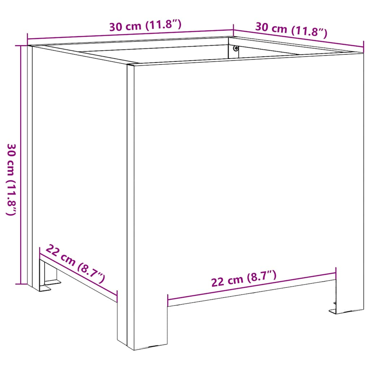 Un mobile bianco con dimensioni indicate: 30 cm, 22 cm. Il mobile è rettangolare, con misure indicate da linee viola.