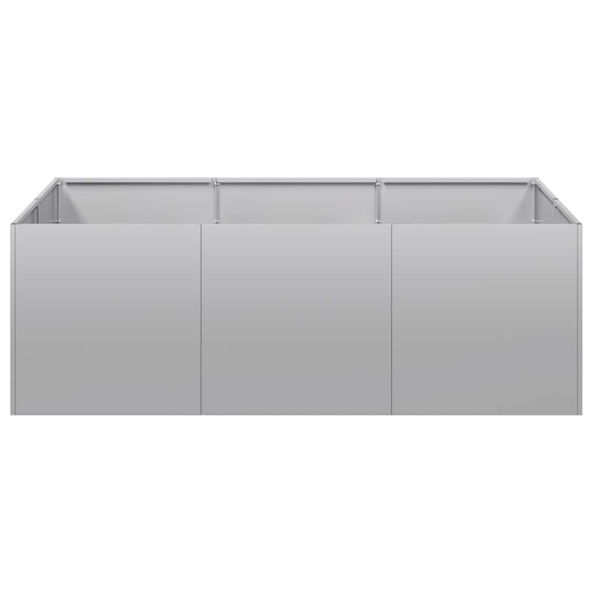 Uno stand espositivo rettangolare grigio con tre pannelli e supporti argentati. Lo sfondo è bianco.