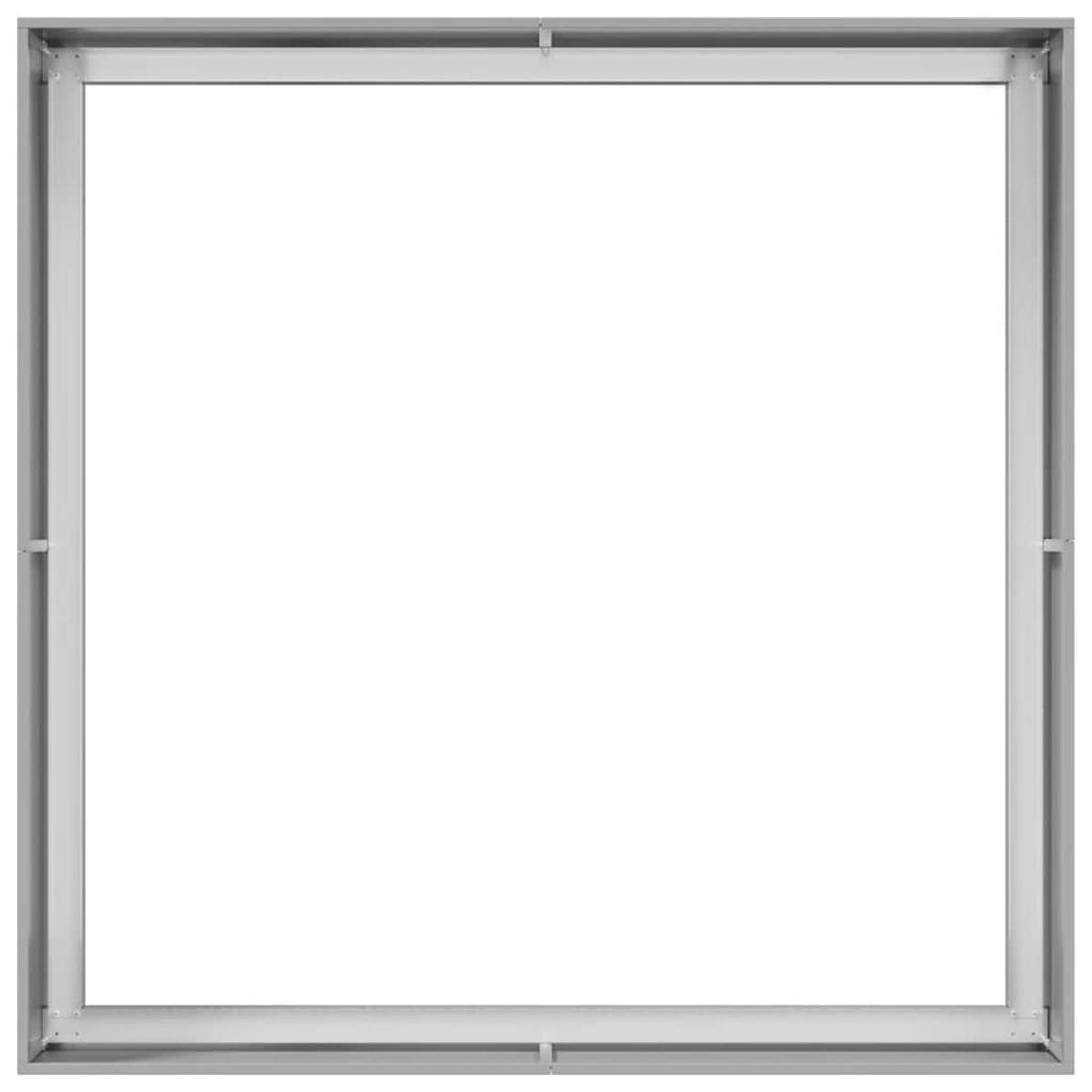 Una cornice quadrata grigio chiaro con centro bianco. La cornice è in metallo e ha piccoli connettori.