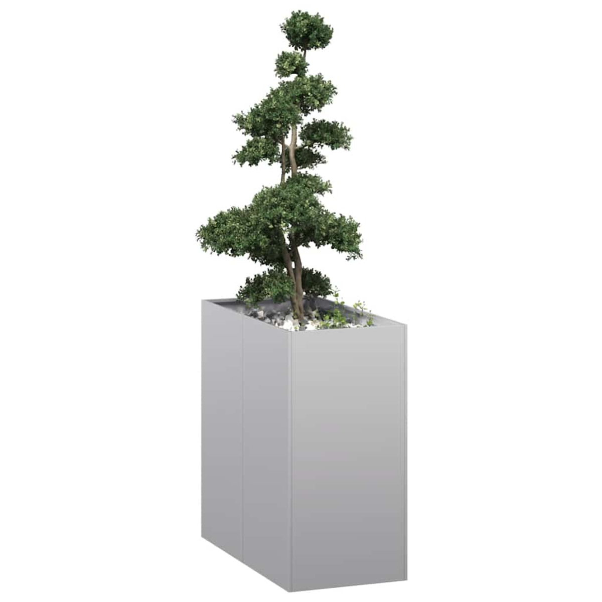 Un albero decorativo in vaso con foglie verdi è in una fioriera rettangolare grigia. Pietre bianche sono visibili alla base dell'albero.