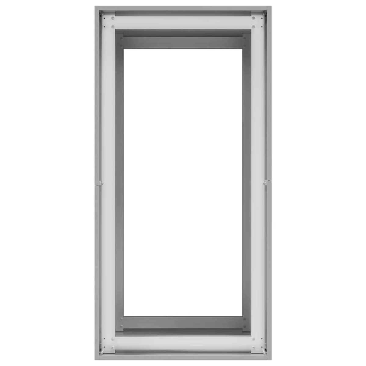 Una cornice rettangolare in metallo grigio. Il centro è vuoto, appare bianco. La cornice ha un'area incassata su ogni lato.