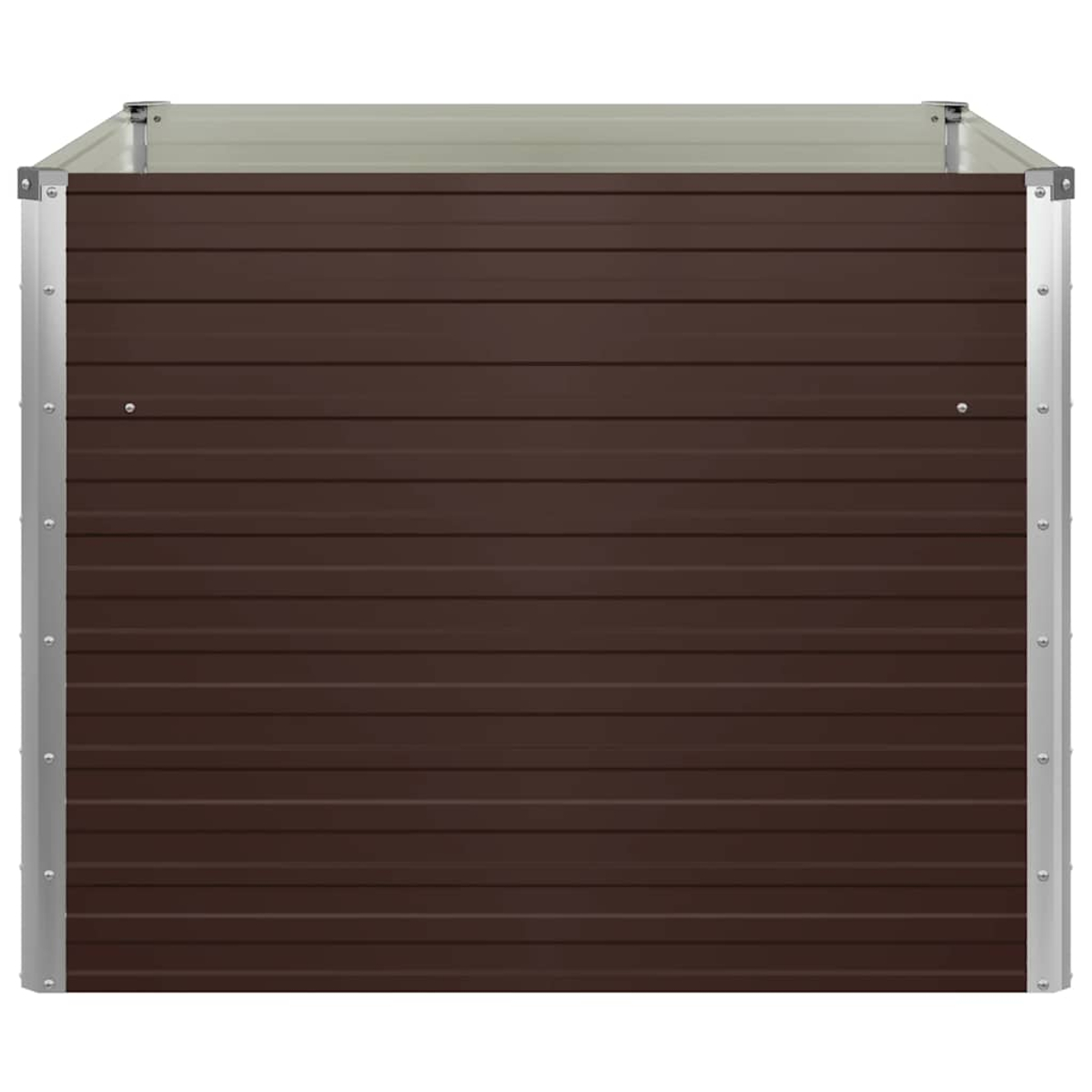 Eine braune Metall-Aufbewahrungsbox mit gerilltem Design. Sie hat silberne Eckstützen und eine hellbeige Oberseite.