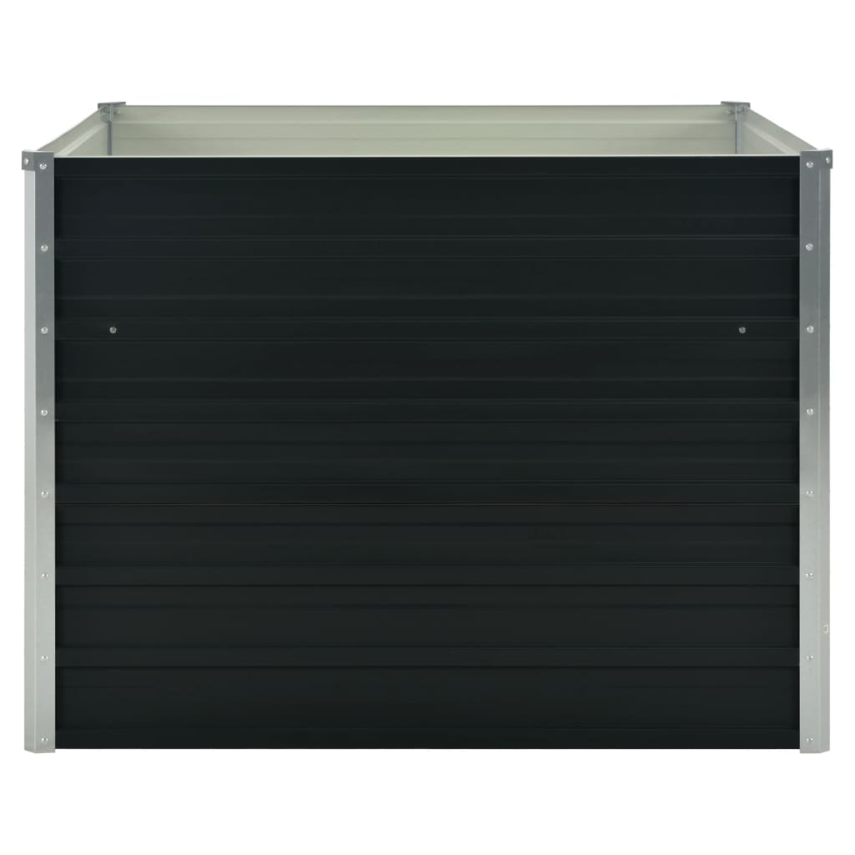 Eine quadratische, schwarze Metall-Pflanzkiste mit silbernen Metallecken und hellem Innenraum. Die Seiten haben horizontale Rippen.