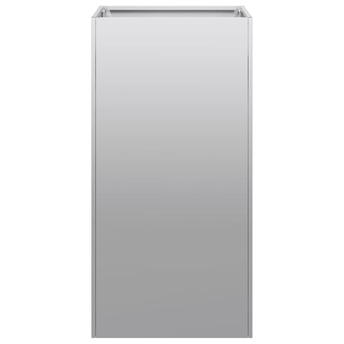 Un mobile alto, rettangolare, grigio metallizzato. Ha una superficie liscia e riflettente, su sfondo bianco.