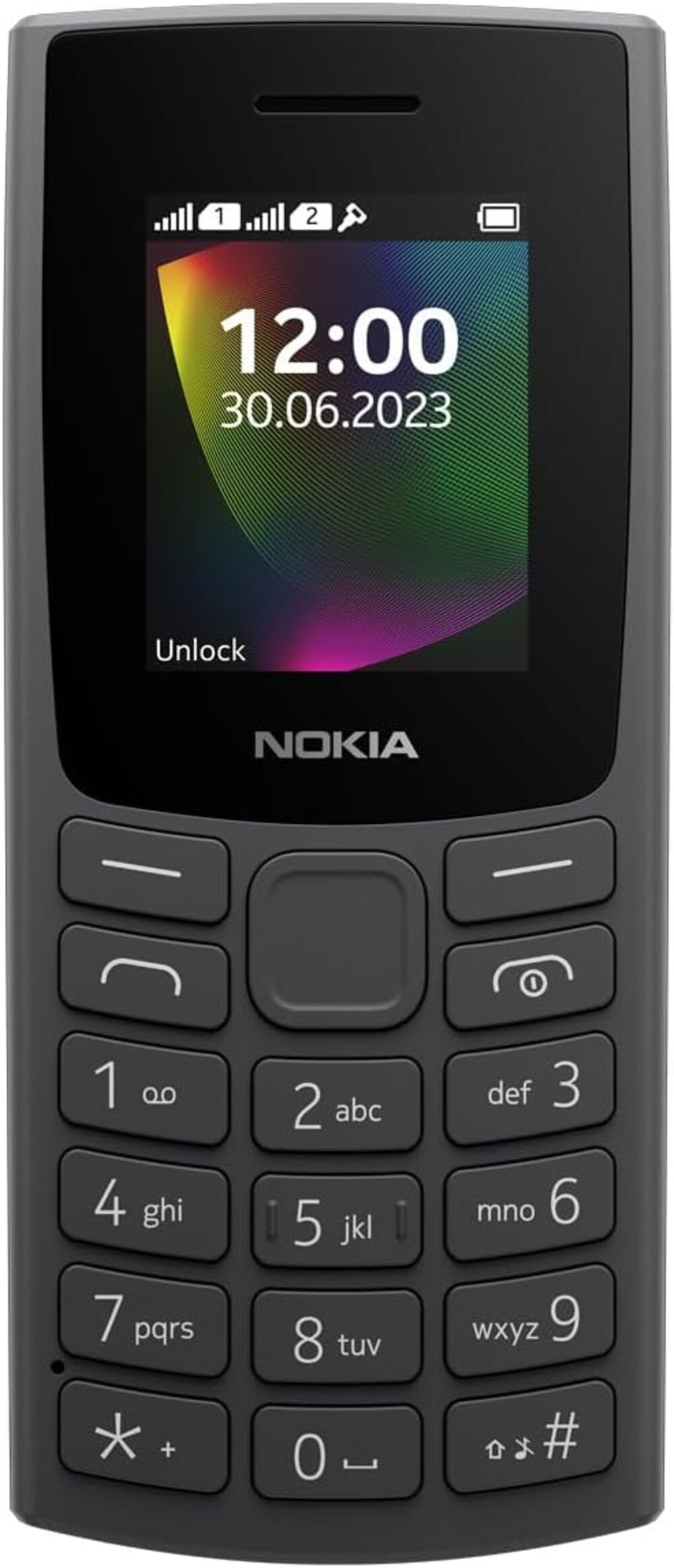 Bir Nokia telefon 12:00 saatini ve 30.06.2023 tarihini gösteriyor. Tuş takımı ve 'Unlock' yazan bir ekranı var.
