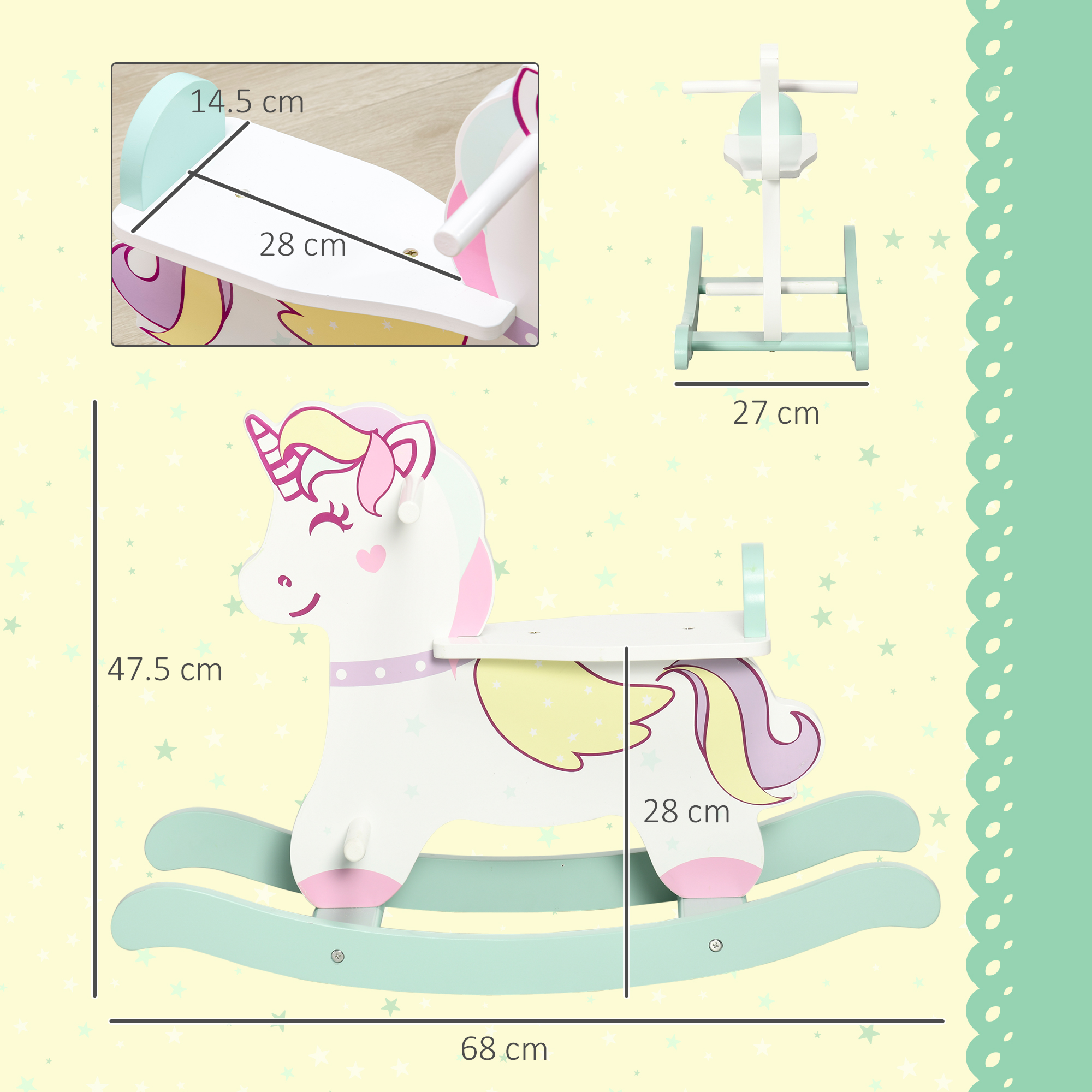 Un cavallo a dondolo unicorno bianco e rosa con dondoli verdi, sfondo giallo e misure mostrate.