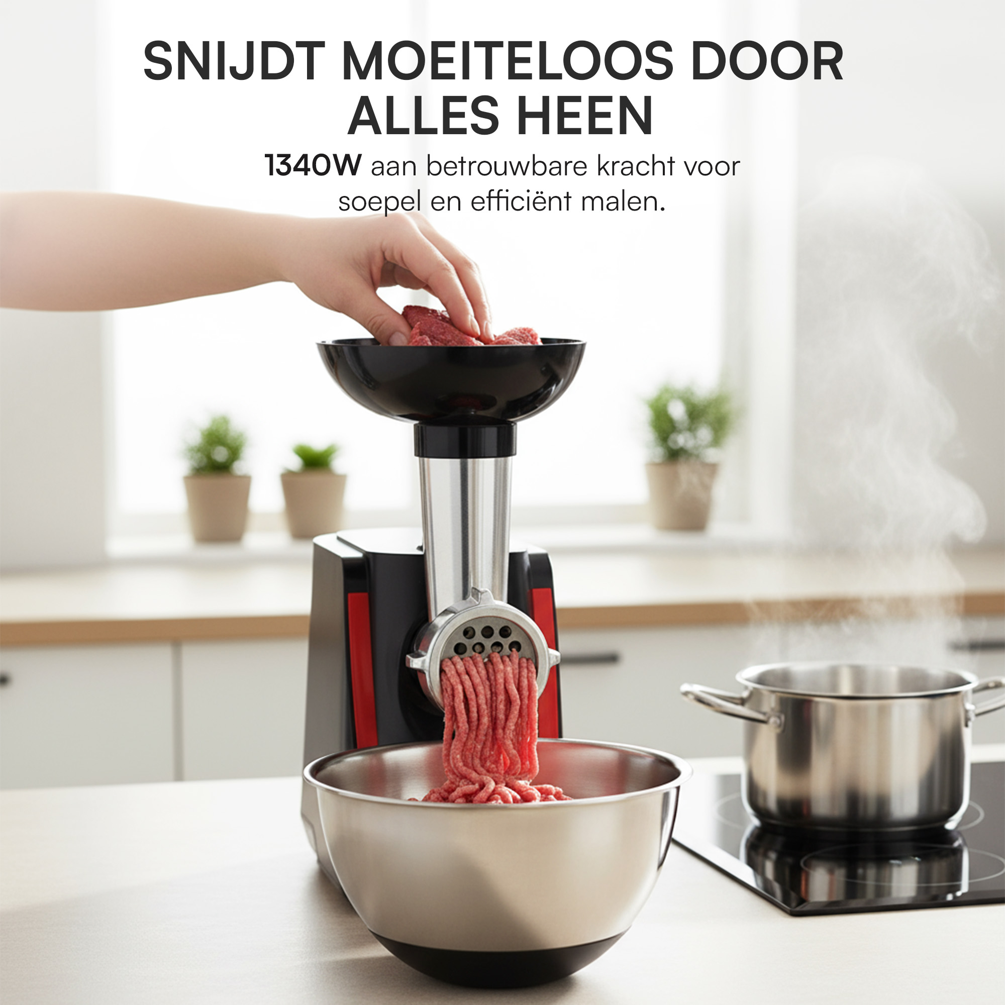 A meat grinder is shown with ground meat falling into a bowl. A hand adds meat to the grinder.
