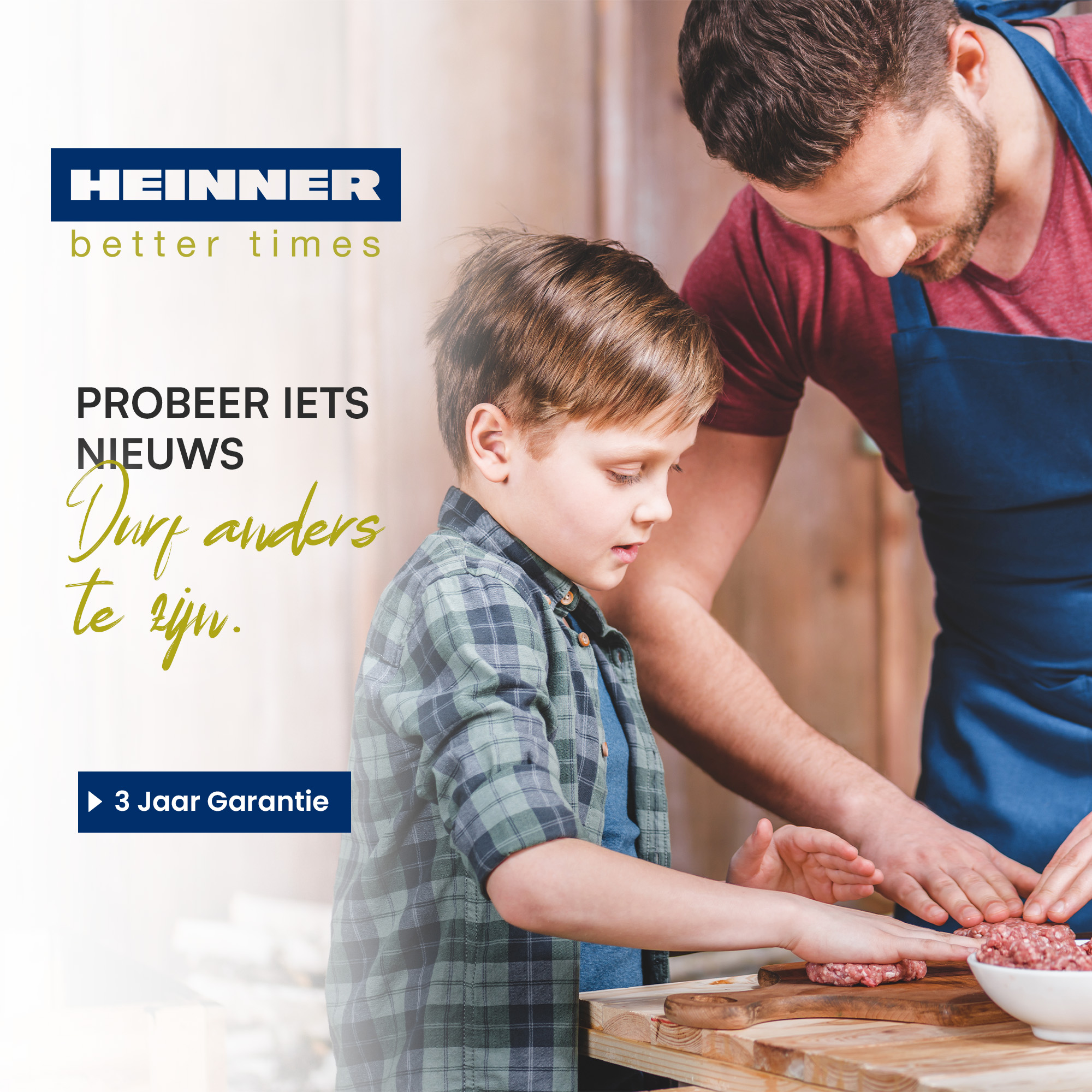 A man and a boy are making burgers. A bowl of meat is on the right. A logo is in the top left corner.
