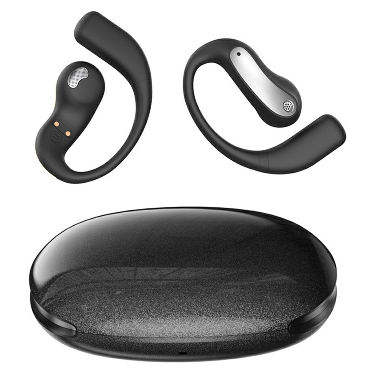 Auriculares inalámbricos negros con estuche de carga. Los auriculares tienen un diseño curvo y el estuche es ovalado y brillante.