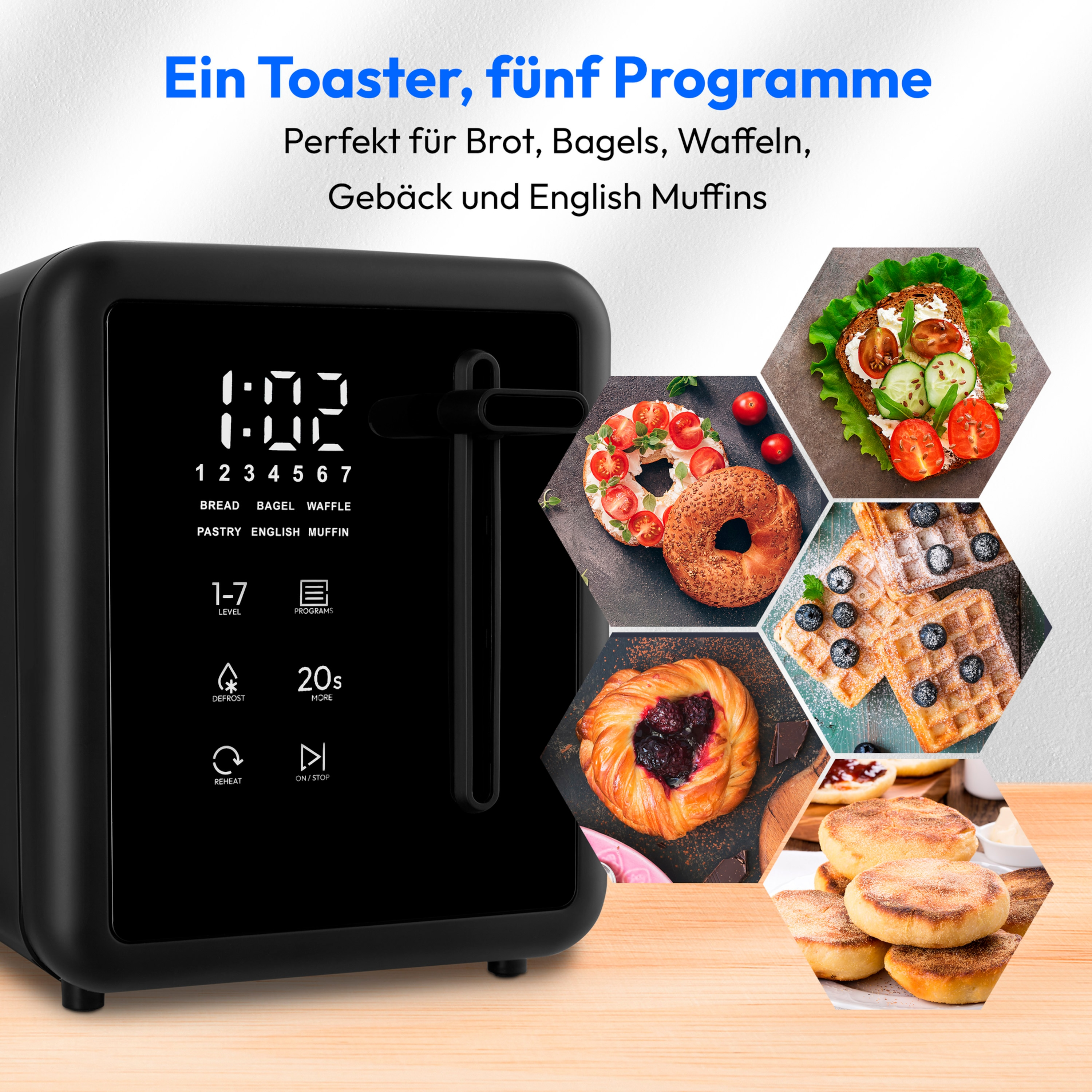 Zwarte broodrooster met digitaal display, pictogrammen voor functies en afbeeldingen van brood en gebak.