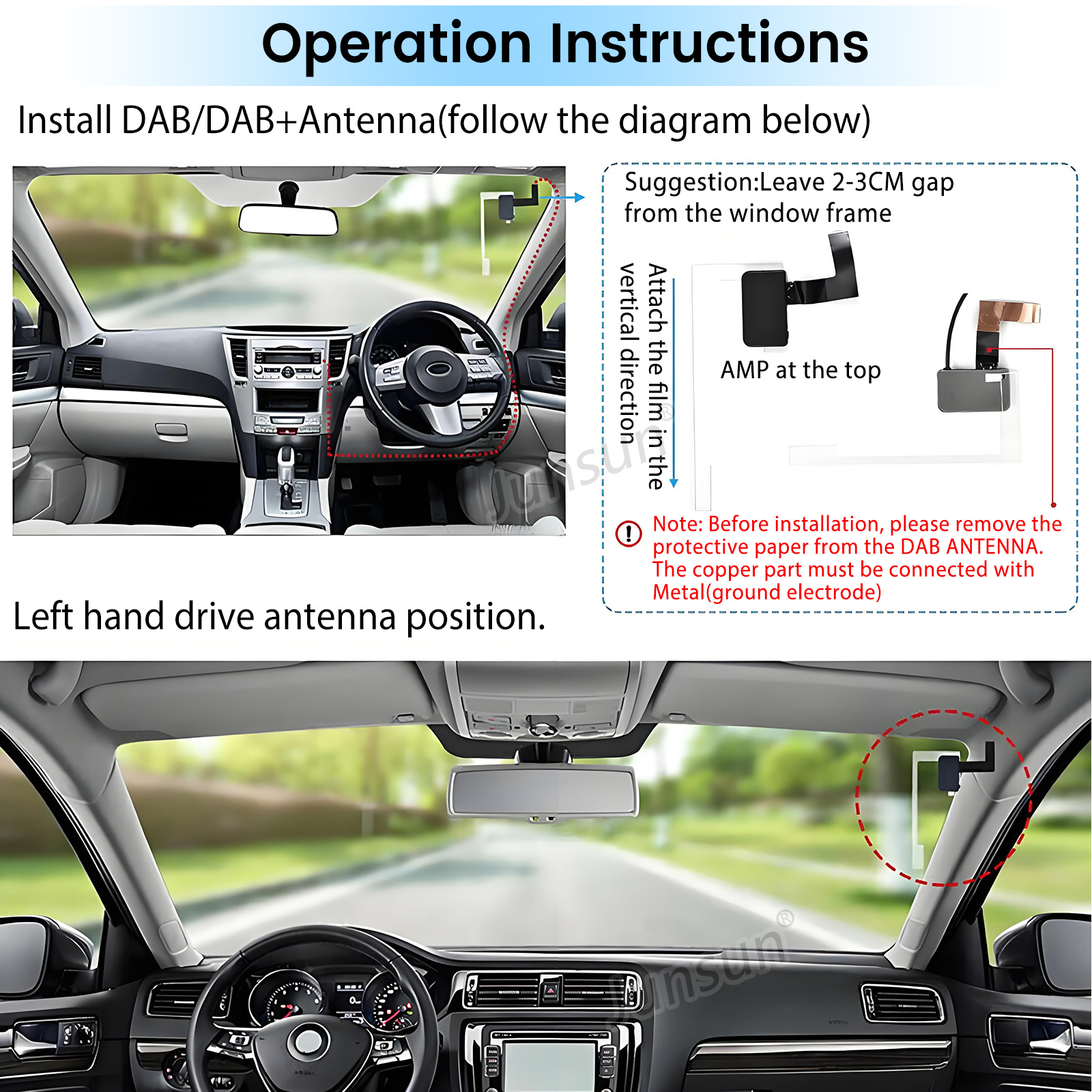 Interior del coche con instrucciones de instalación de la antena. El diagrama muestra la colocación en el marco.