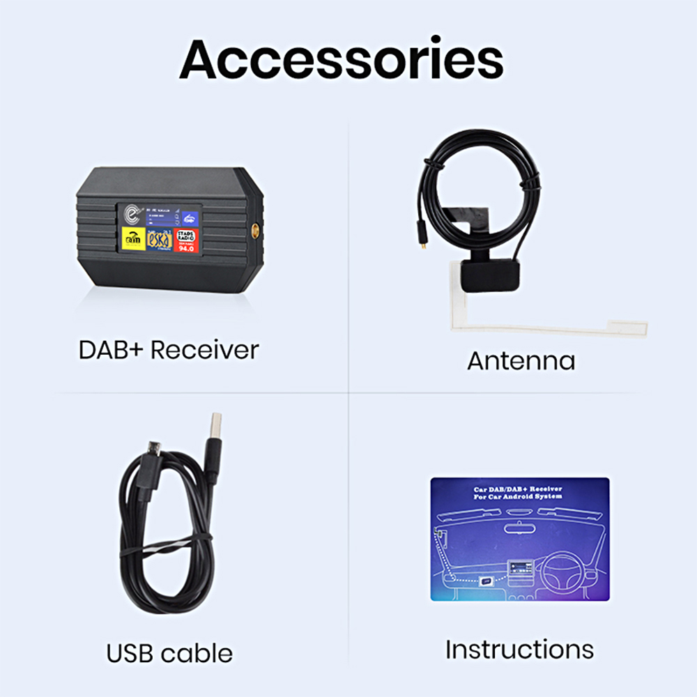 La imagen muestra receptor DAB+, antena, cable USB e instrucciones. Todos son accesorios para automóviles, con fondo azul y blanco.
