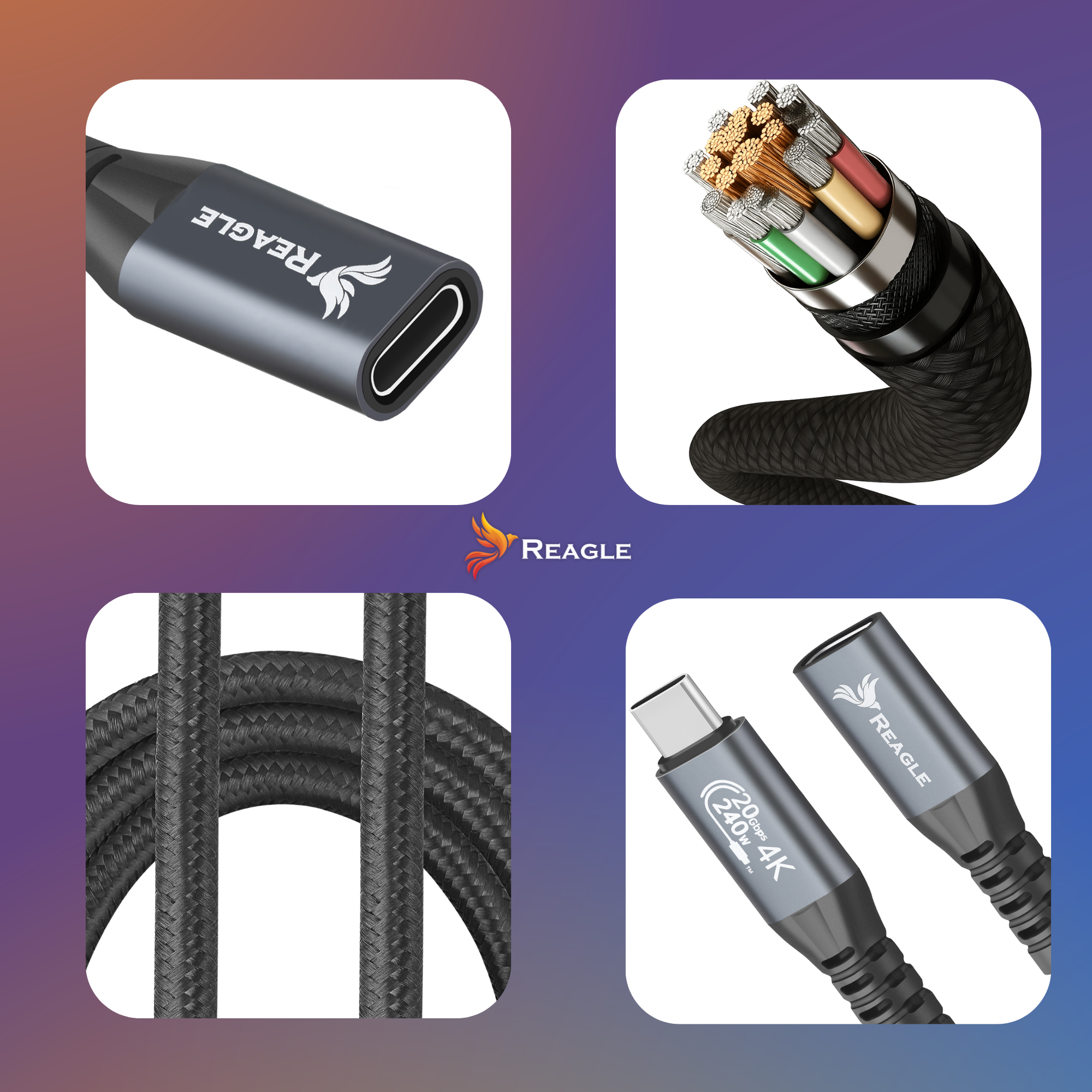 Obraz przedstawia zbliżenia kabla USB-C Reagle. Szczegóły obejmują złącze, strukturę kabla i markę.