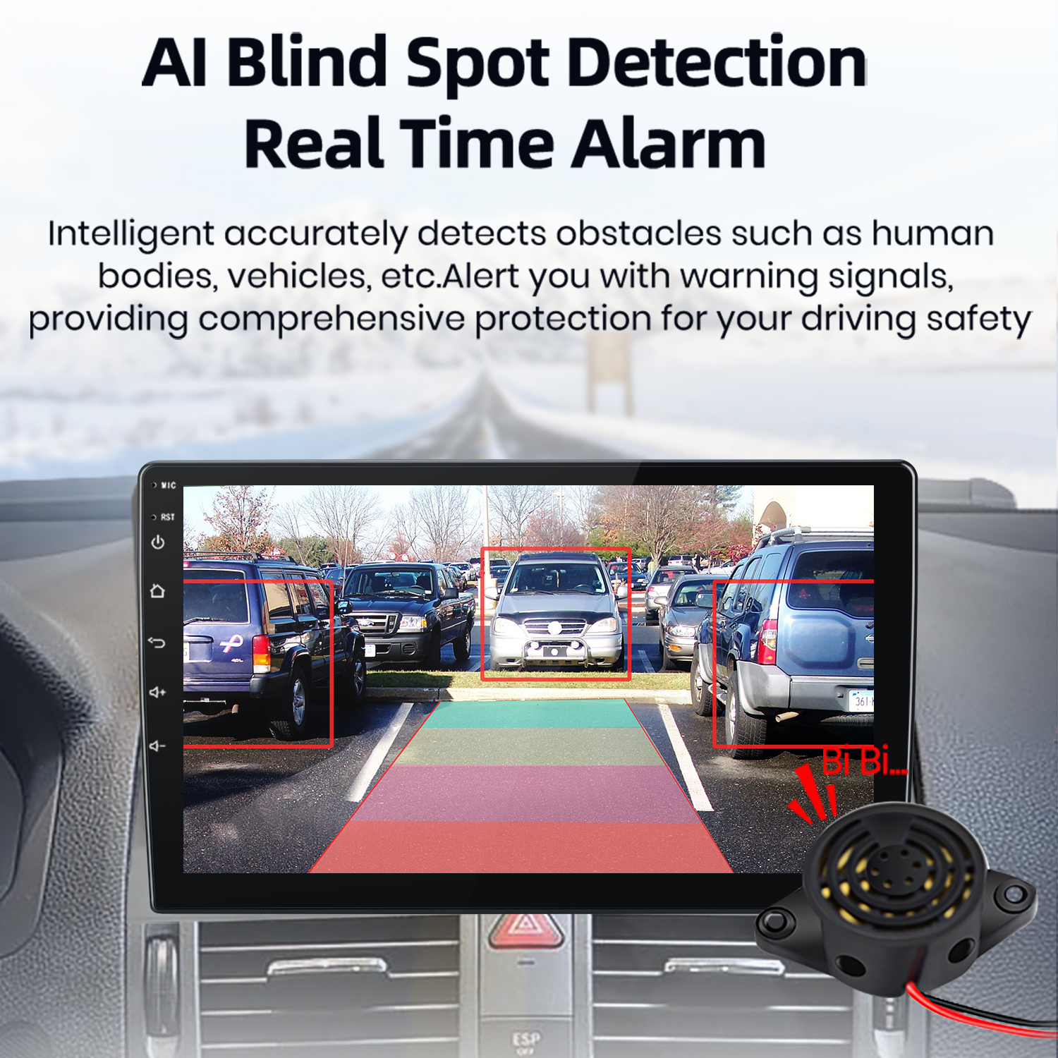 Pantalla de navegación del coche mostrando un estacionamiento con detección de punto ciego AI y un zumbador. Texto: Alarma en tiempo real de detección de punto ciego AI.
