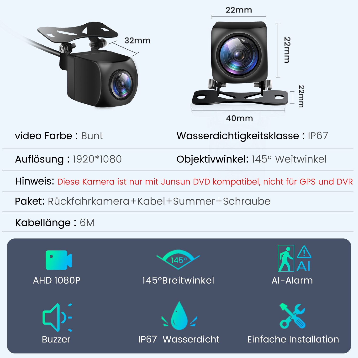 Cámara de visión trasera con dimensiones, resolución y funciones como AHD 1080P, gran angular y alarma AI.