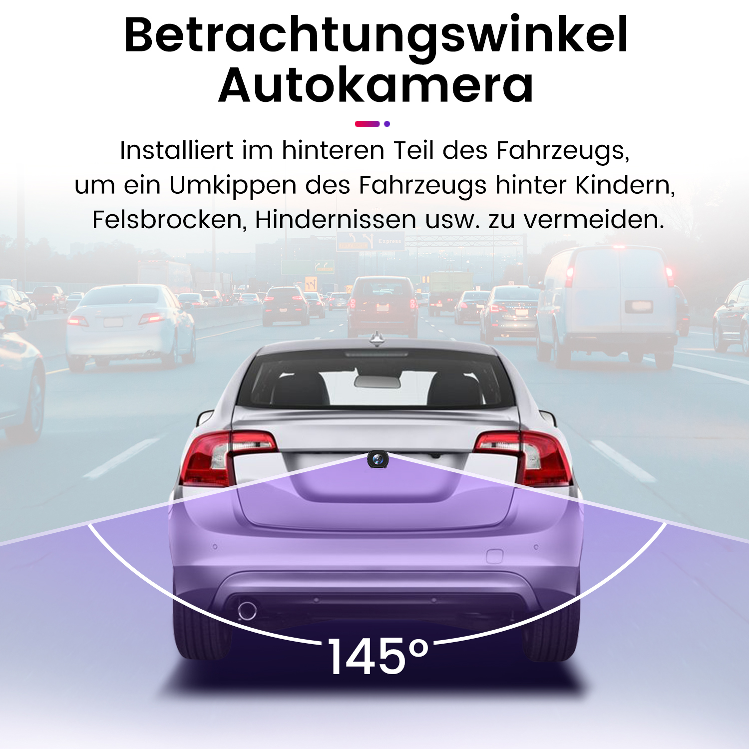 Coche plateado con un gráfico de ángulo de visión de 145 grados. Tráfico en la autopista de fondo. Texto alemán sobre cámara de coche.