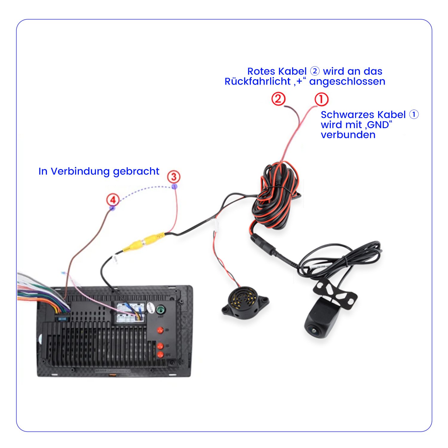 El diagrama muestra las instrucciones de cableado para la cámara de marcha atrás de un coche. Incluye cables rojo y negro, una cámara y un equipo de música.
