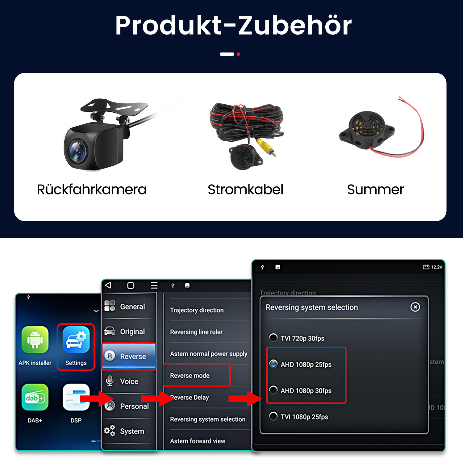 La imagen muestra accesorios para automóviles: cámara, cables y zumbador. También, dos capturas de pantalla de la interfaz de usuario con ajustes.
