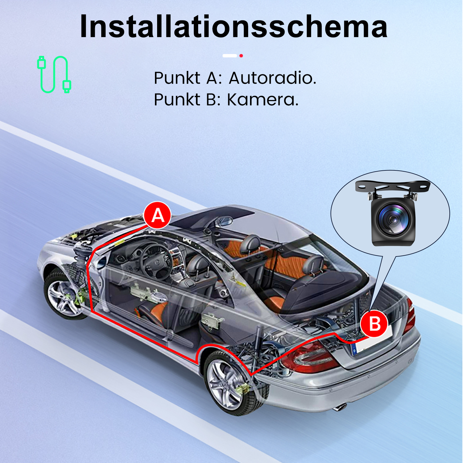 Diagrama de instalación del coche, mostrando los puntos de radio y cámara, con ruta de cableado roja. Coche plateado, con interior naranja.