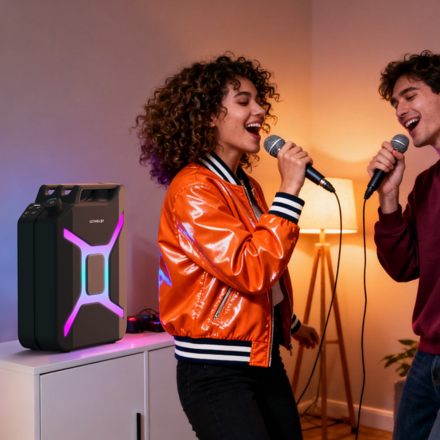 Deux personnes chantent du karaoké avec des micros. Une enceinte noire avec des lumières colorées est à gauche. Ils portent des vêtements décontractés.