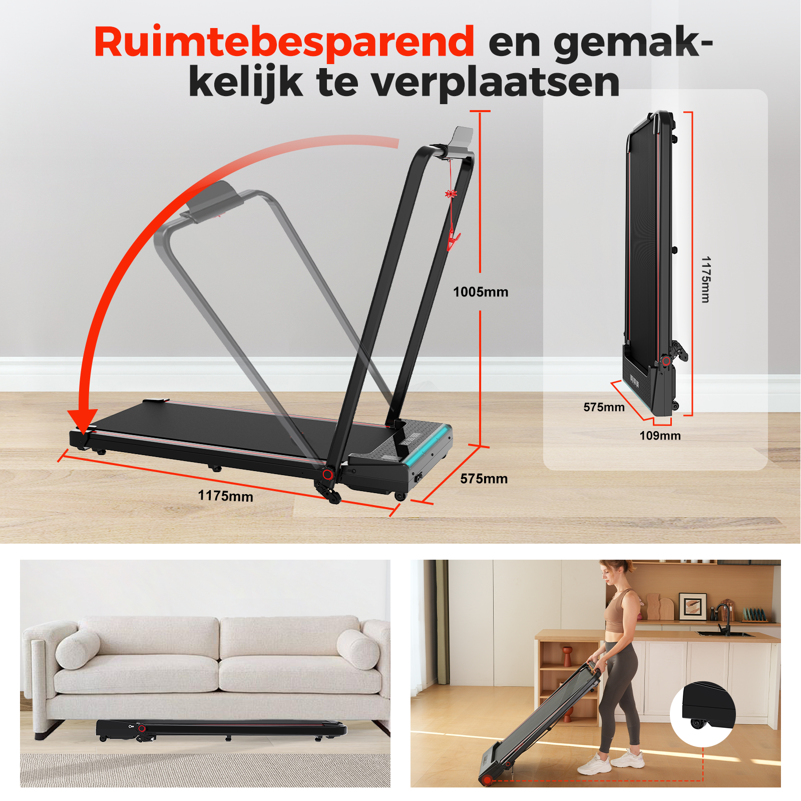 A foldable treadmill with dimensions. A person is folding it. Another is shown under a sofa. Text in Dutch.