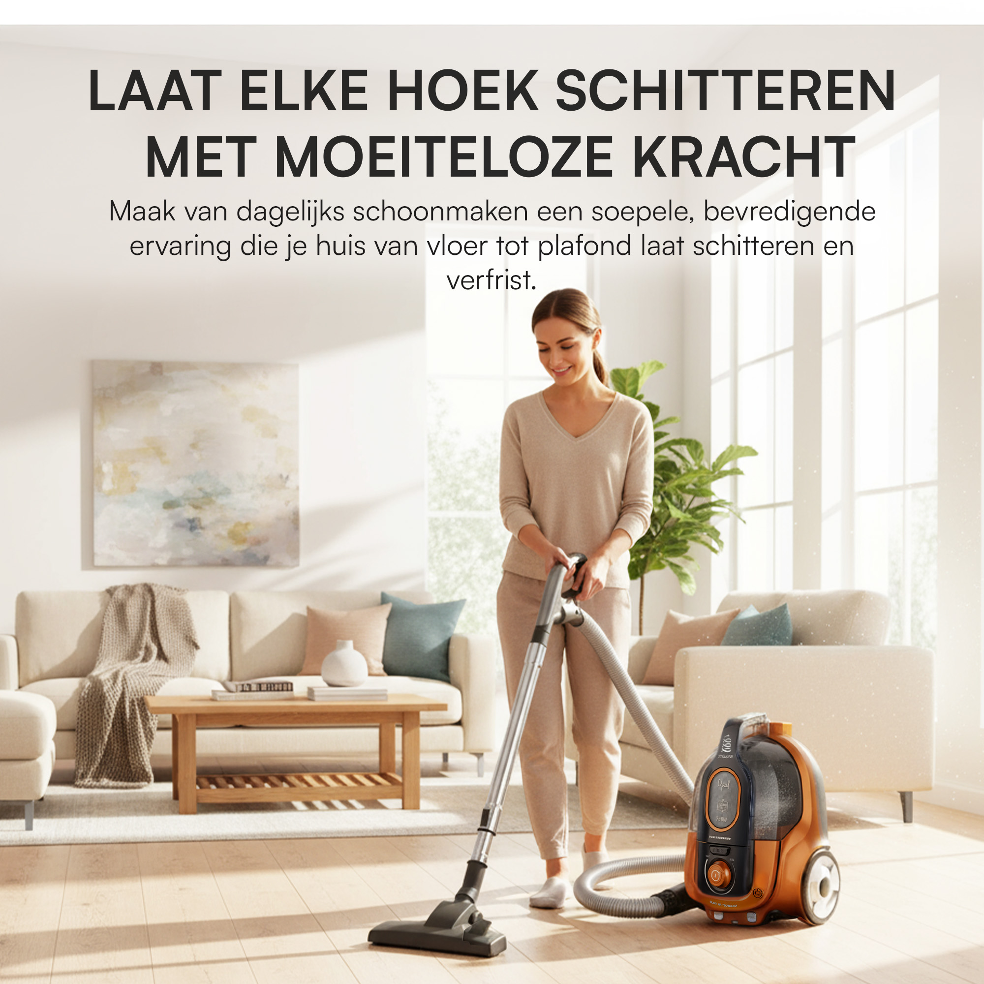 Eine Frau saugt ein Wohnzimmer mit einem braunen und schwarzen Staubsauger. Beige Sofas, ein Tisch und ein Gemälde sind im Hintergrund.