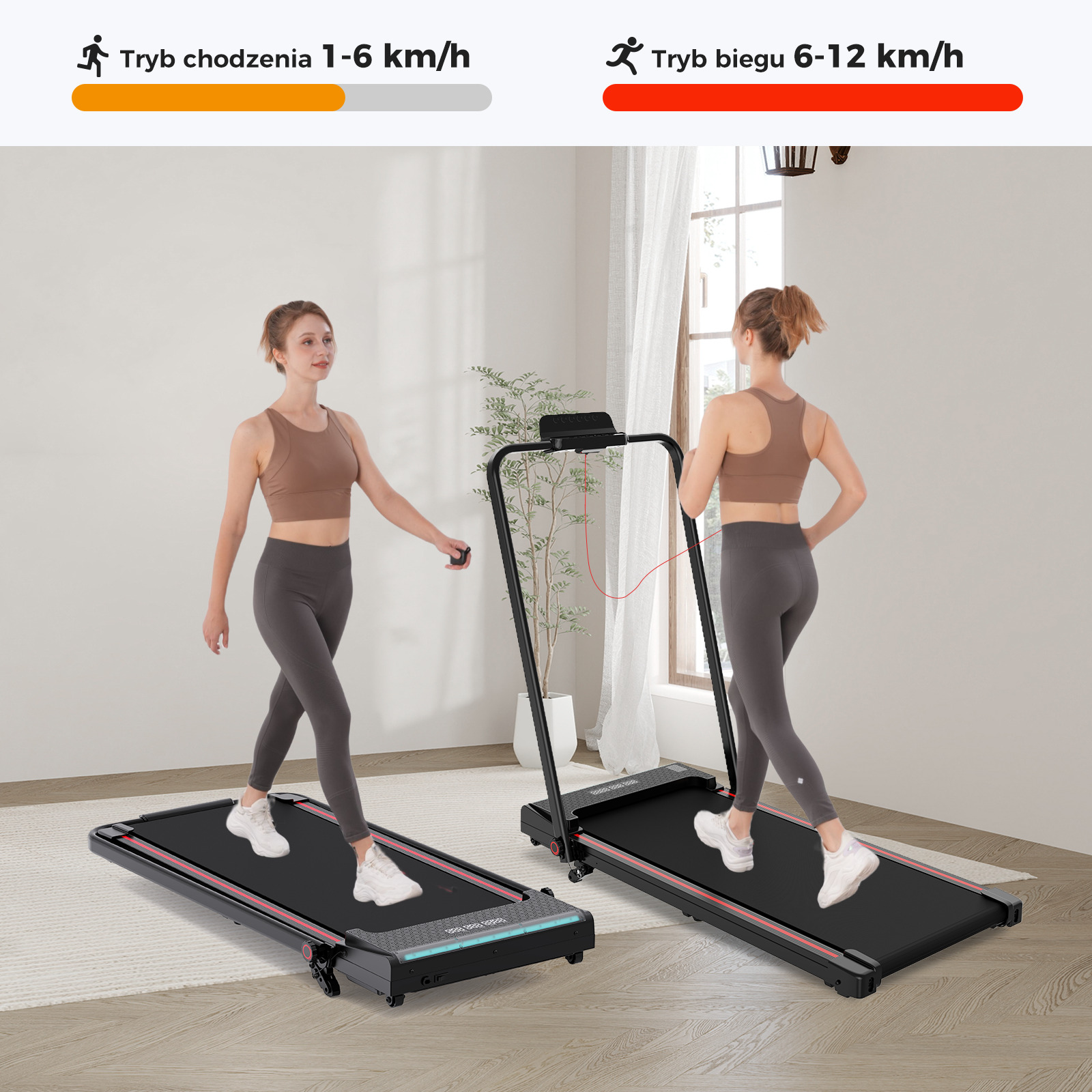 Dwie kobiety na bieżniach. Jedna idzie, druga biegnie. Obie w strojach sportowych. Widoczne wskaźniki prędkości.