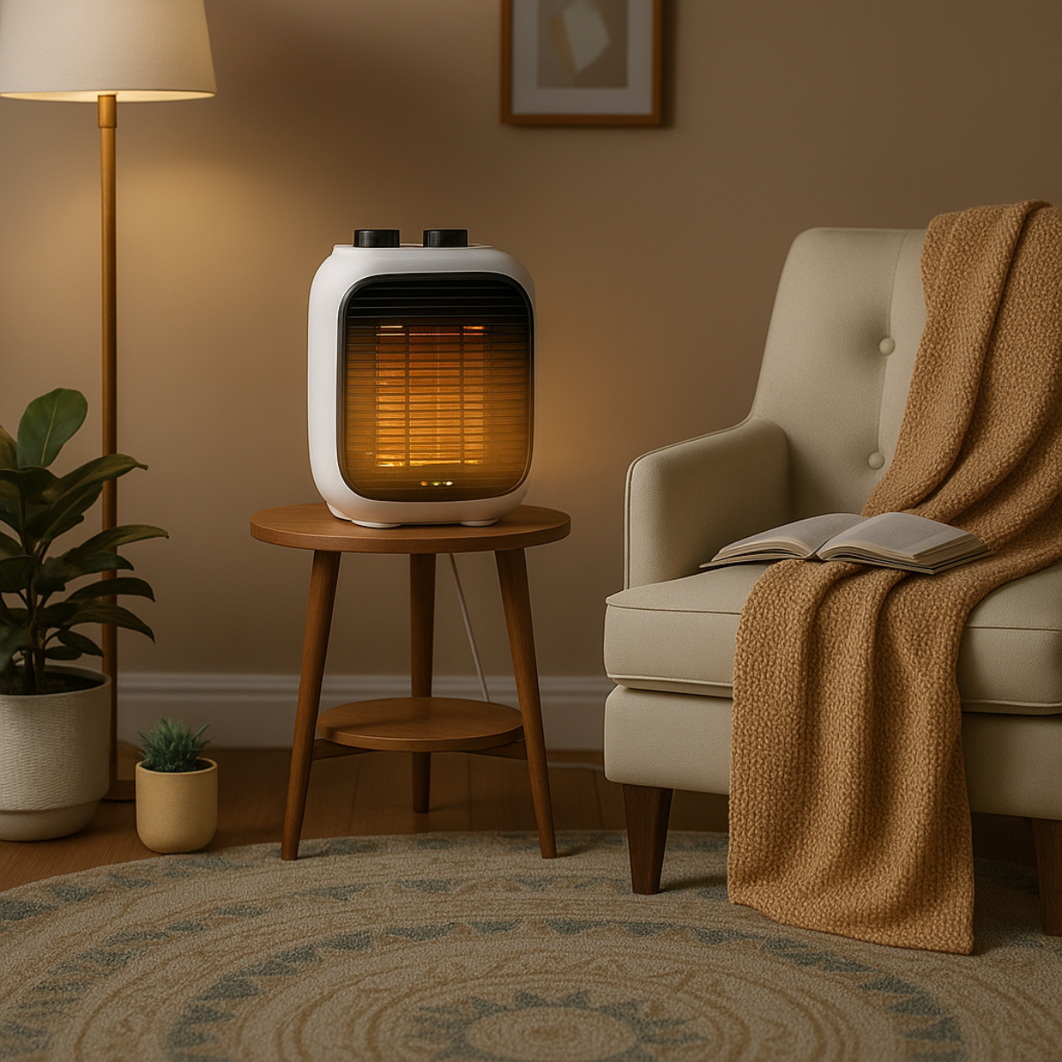 Een witte elektrische kachel op een houten tafel. Een beige fauteuil met een deken en een boek, en een plant zijn zichtbaar.