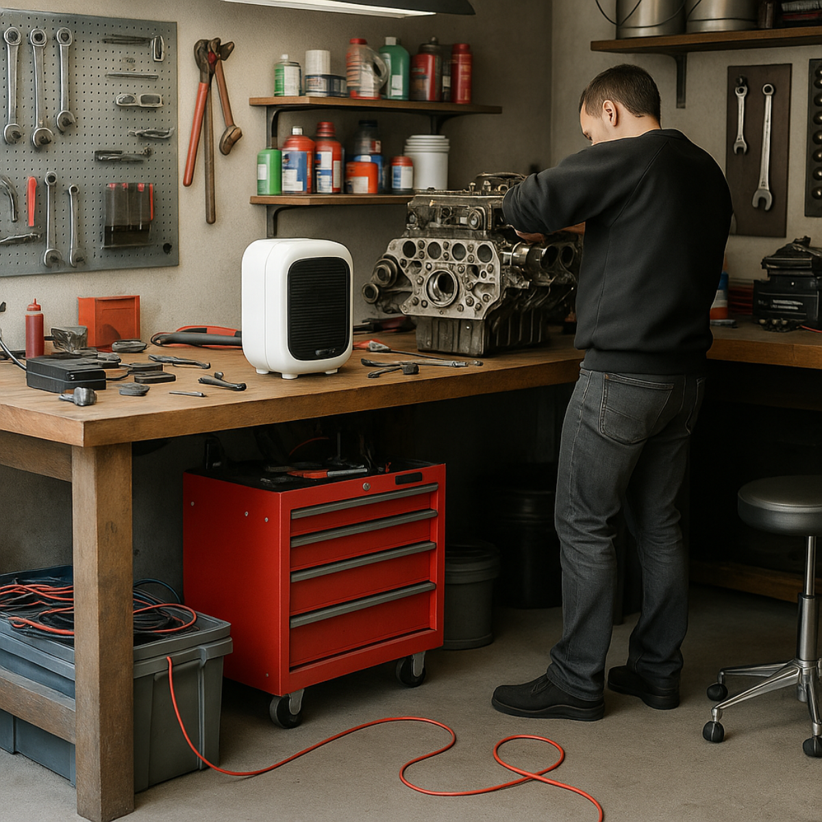 Een man werkt in een werkplaats aan een motor. Een witte kachel staat op tafel en gereedschap hangt aan de muur.