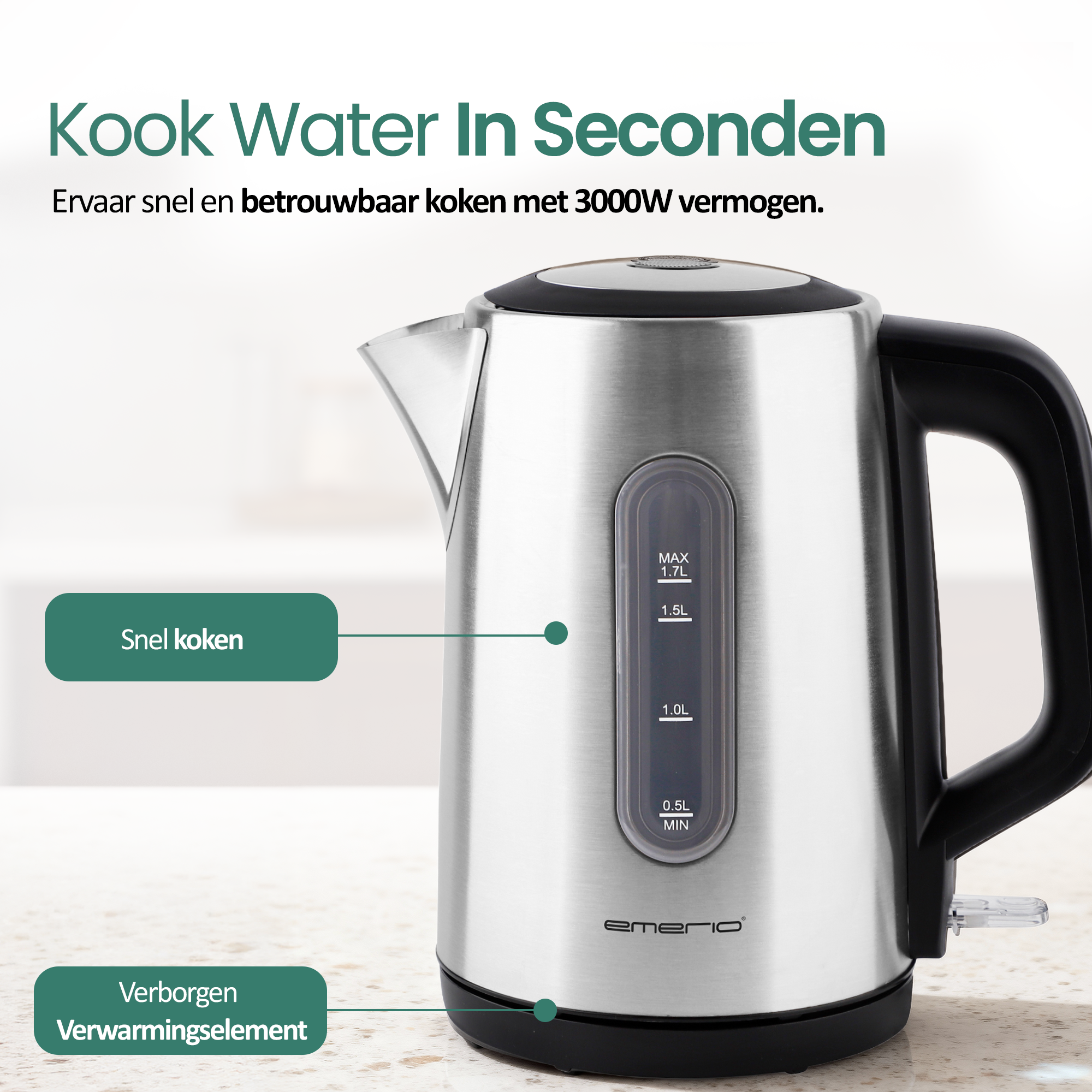 Emerio Waterkoker 3000W - 1.7L - Water Niveau Indica   Verborgen Verwarmingselement   Automatische Uitschakeling   360 Graden Snoerloos Design   Wk 133040 1178887481