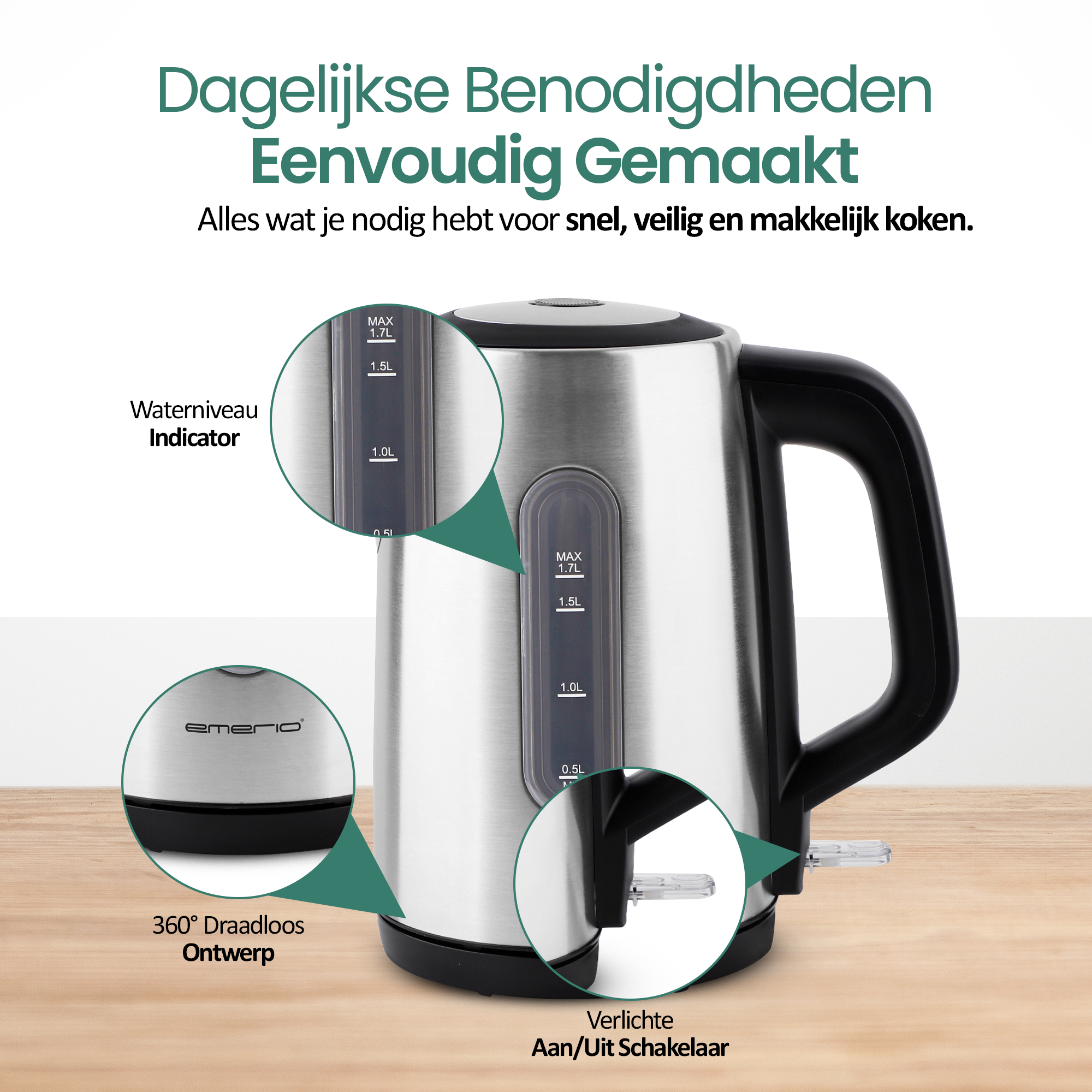 EMERIO WK-122248 Waterkoker Snoerloos, BPA-vrij, Met