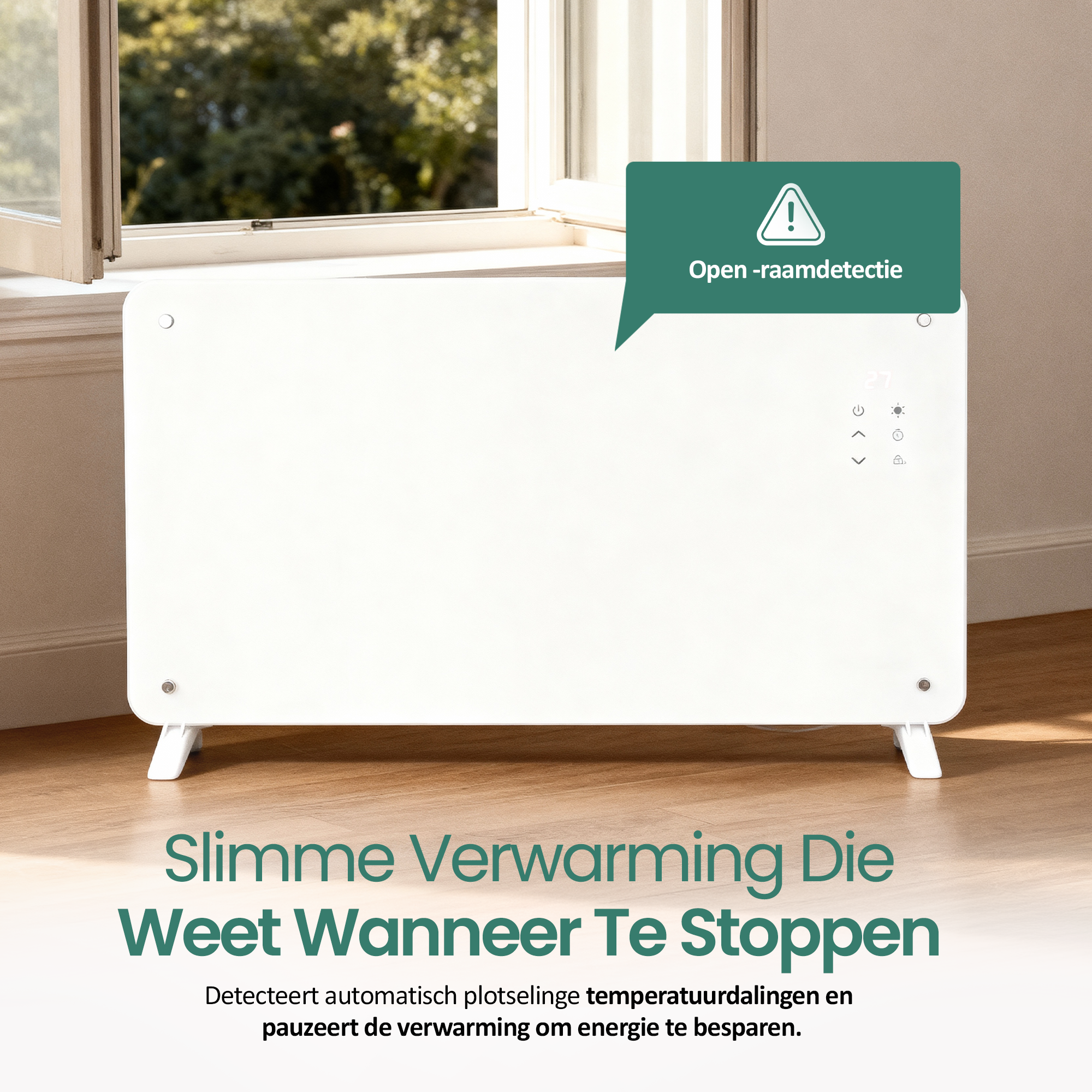 Een witte slimme kachel staat voor een raam. Een tekstballon zegt 'open raam detectie'. Tekst zegt 'Slimme verwarming'.